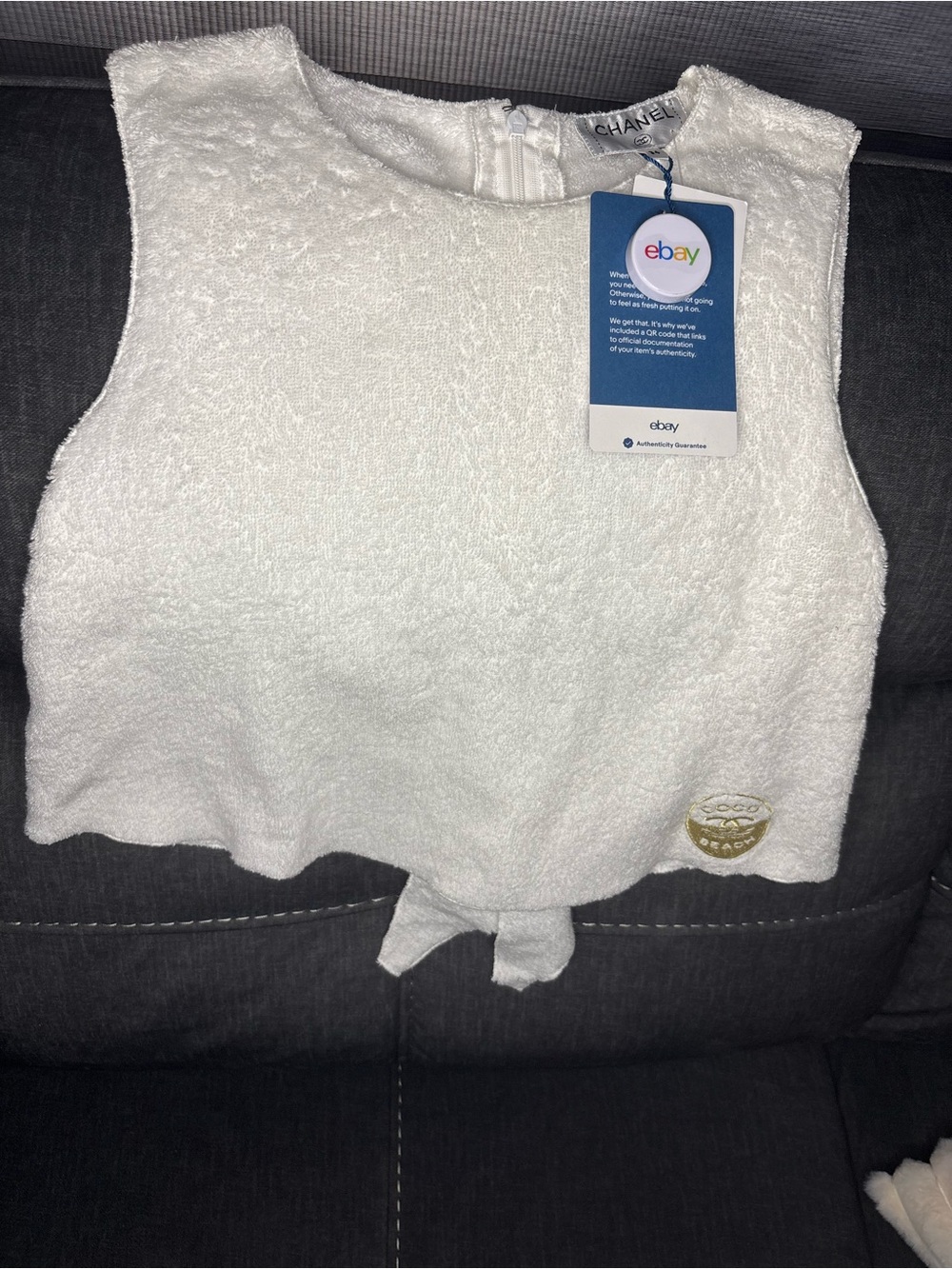 Authentic Chanel Coco Beach Terry Cloth Cropped Tank Top White Gold CC Logo